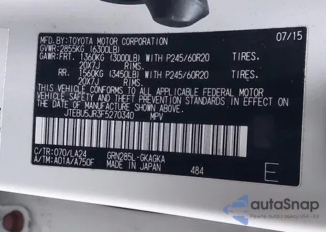 2015 Toyota 4Runner Limited z USA, uszkodzony, nr VIN JTEBU5JR3F5270340